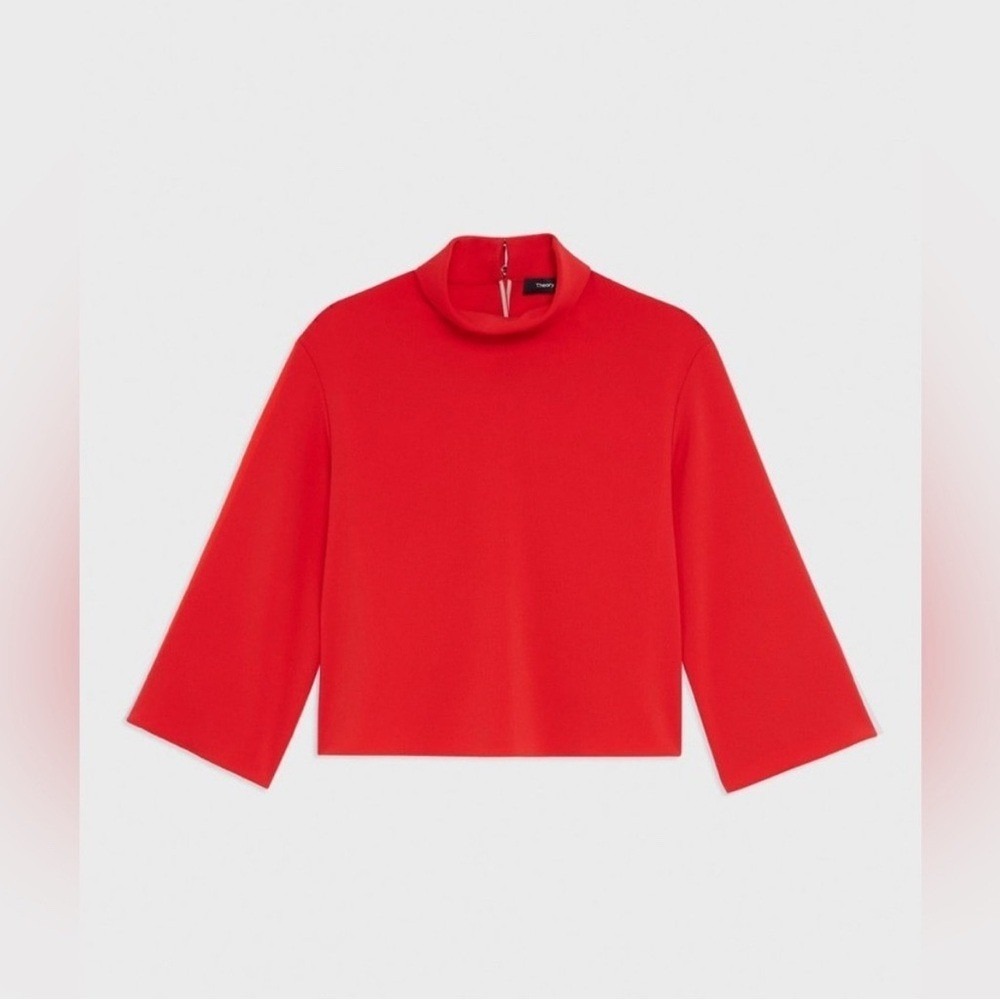 NWT Theory Admiral Crepe Roll Neck Flare Sleeve Boxy Keyhole Blouse Geranium Red - Picture 3 of 12